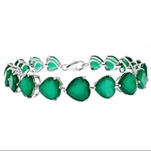 Genuine Green Onyx Sterling Silver Bracelet 42.35ctw, Heart Shaped, JTV, 8 in - Picture 1 of 1